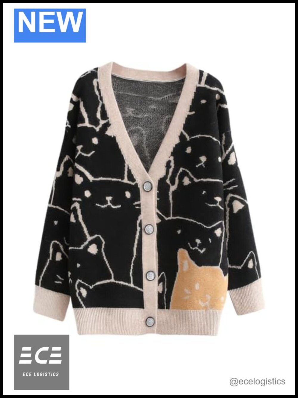 Kawaii Cat Jacquard Knit Cardigan Button Down V-Neck Cotton Sweater